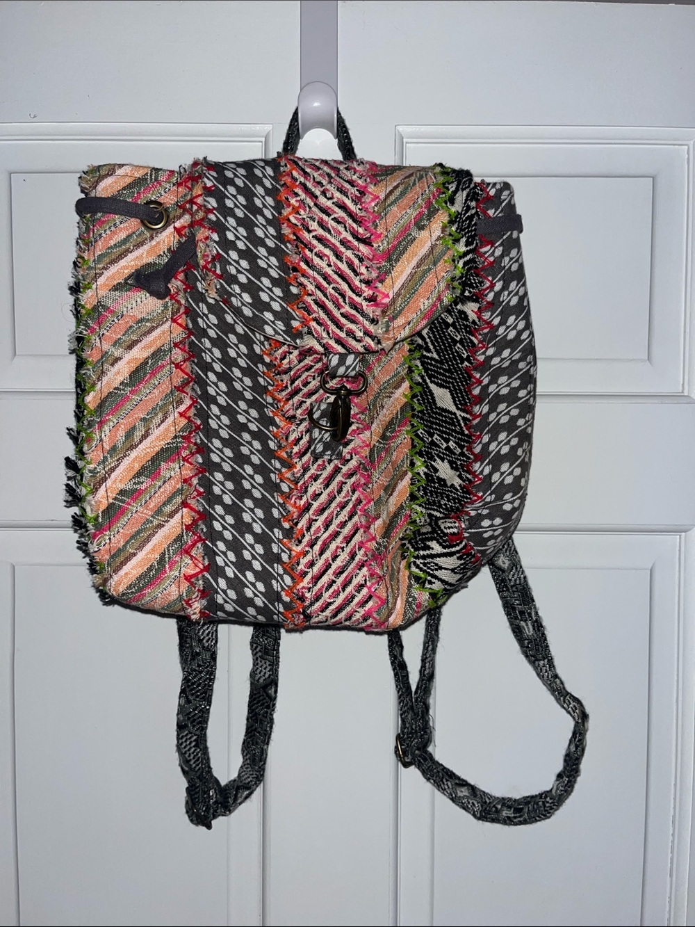Demdaco 100% Cotton Patchwork Multicolor Woven Fabric Backpack - Boho Stripe